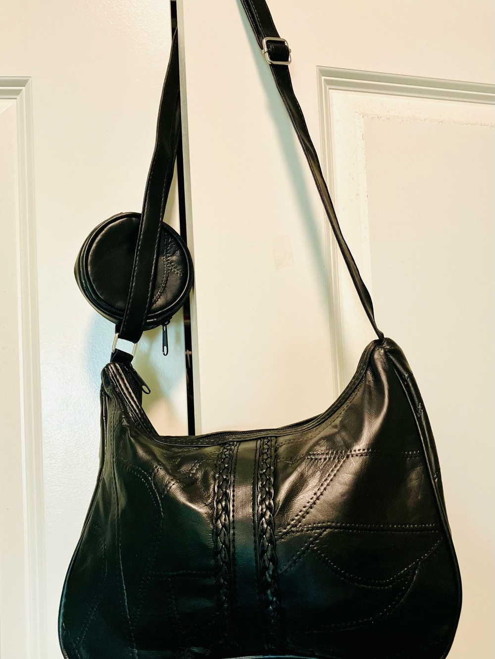 Vintage Black Patchwork Lambskin Leather Hobo Bag & Coin Purse NWOT